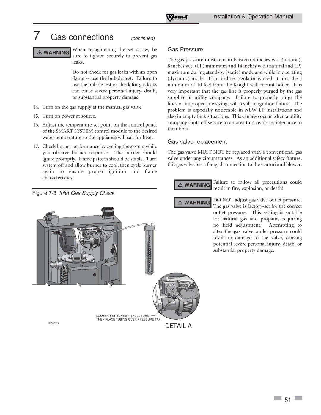 Lochinvar WH 55-399 operation manual Gas Pressure, Gas valve replacement 