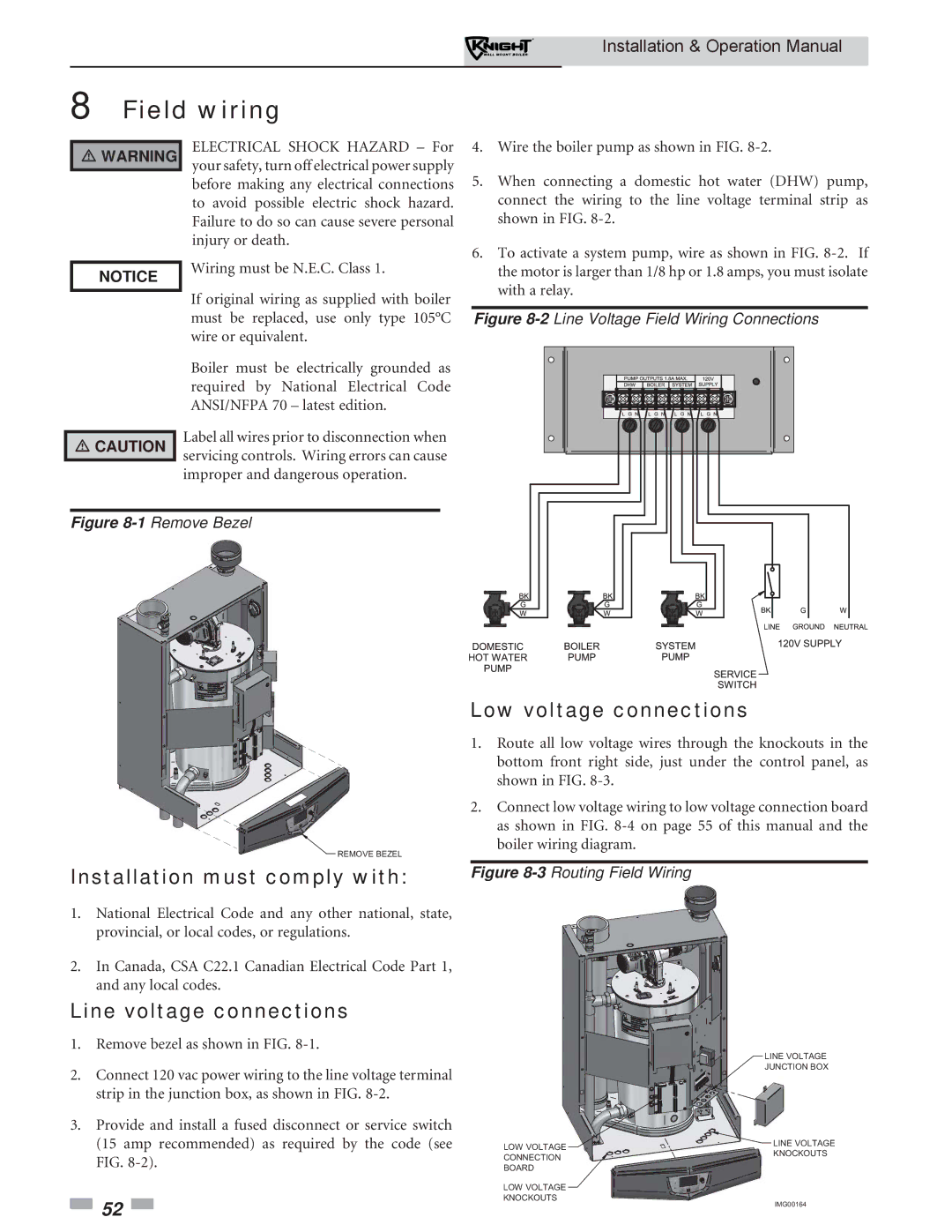 Lochinvar WH 55-399 Field wiring, Installation must comply with Low voltage connections, Line voltage connections 