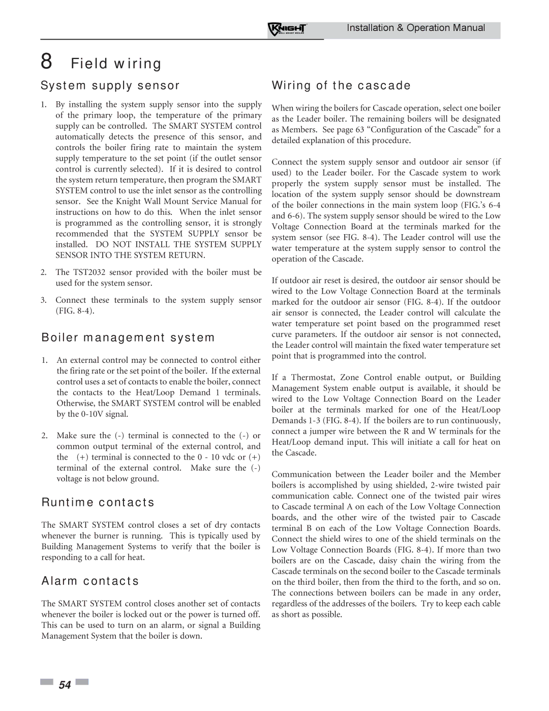 Lochinvar WH 55-399 operation manual System supply sensor, Boiler management system, Runtime contacts, Alarm contacts 