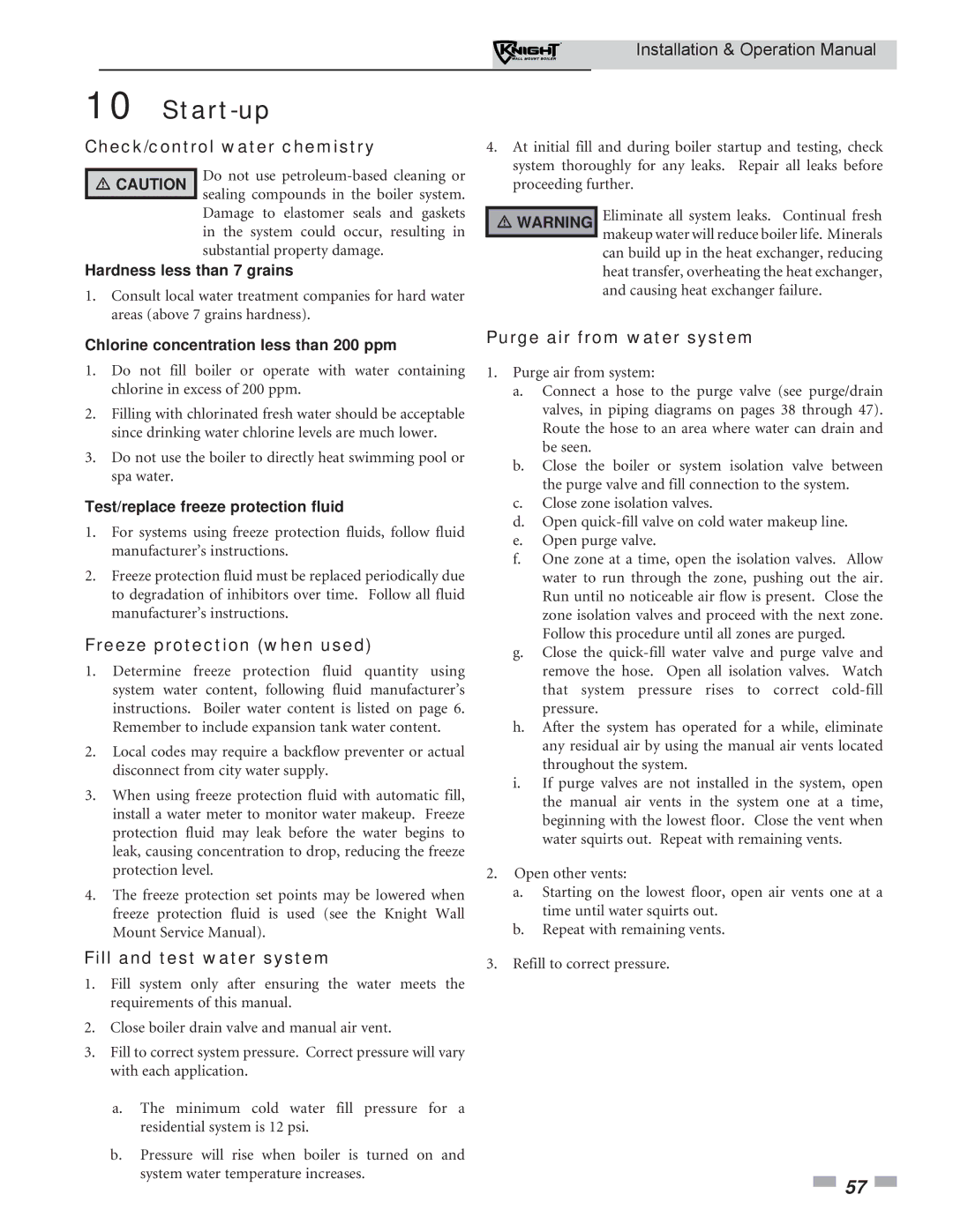 Lochinvar WH 55-399 Start-up, Check/control water chemistry, Freeze protection when used, Fill and test water system 