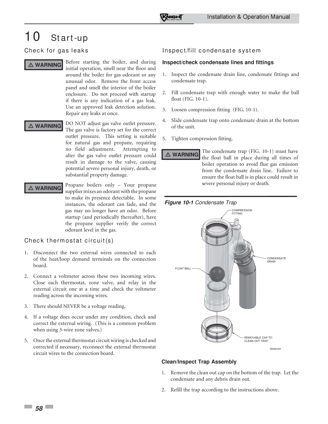 Lochinvar WH 55-399 operation manual Check for gas leaks Inspect/fill condensate system, Check thermostat circuits 