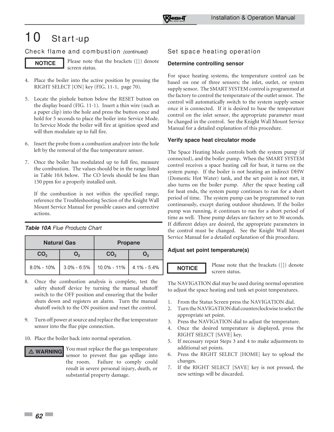 Lochinvar WH 55-399 operation manual Set space heating operation, Natural Gas Propane 