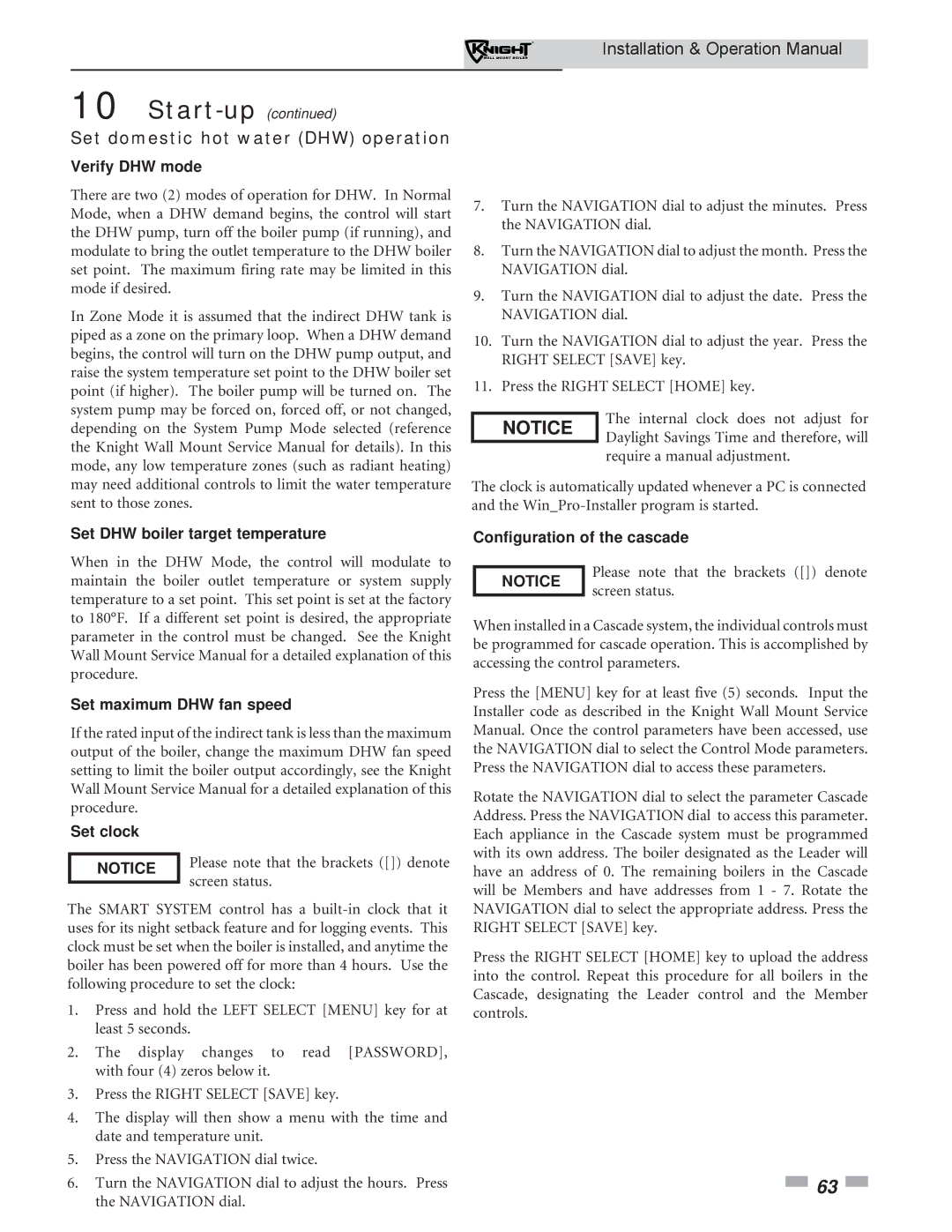 Lochinvar WH 55-399 operation manual Set domestic hot water DHW operation, Verify DHW mode, Configuration of the cascade 