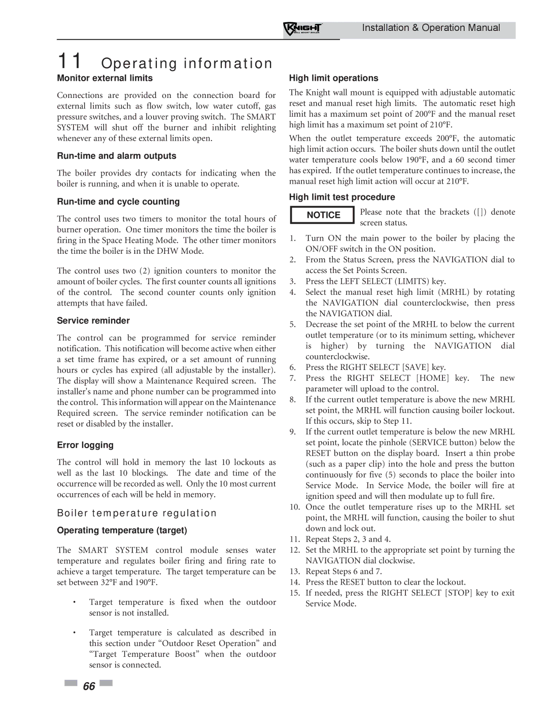 Lochinvar WH 55-399 operation manual Boiler temperature regulation 