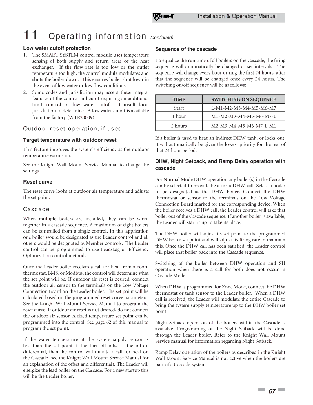 Lochinvar WH 55-399 operation manual Outdoor reset operation, if used, Cascade 