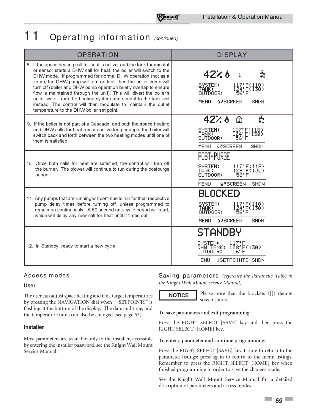 Lochinvar WH 55-399 operation manual Access modes, User, Installer 