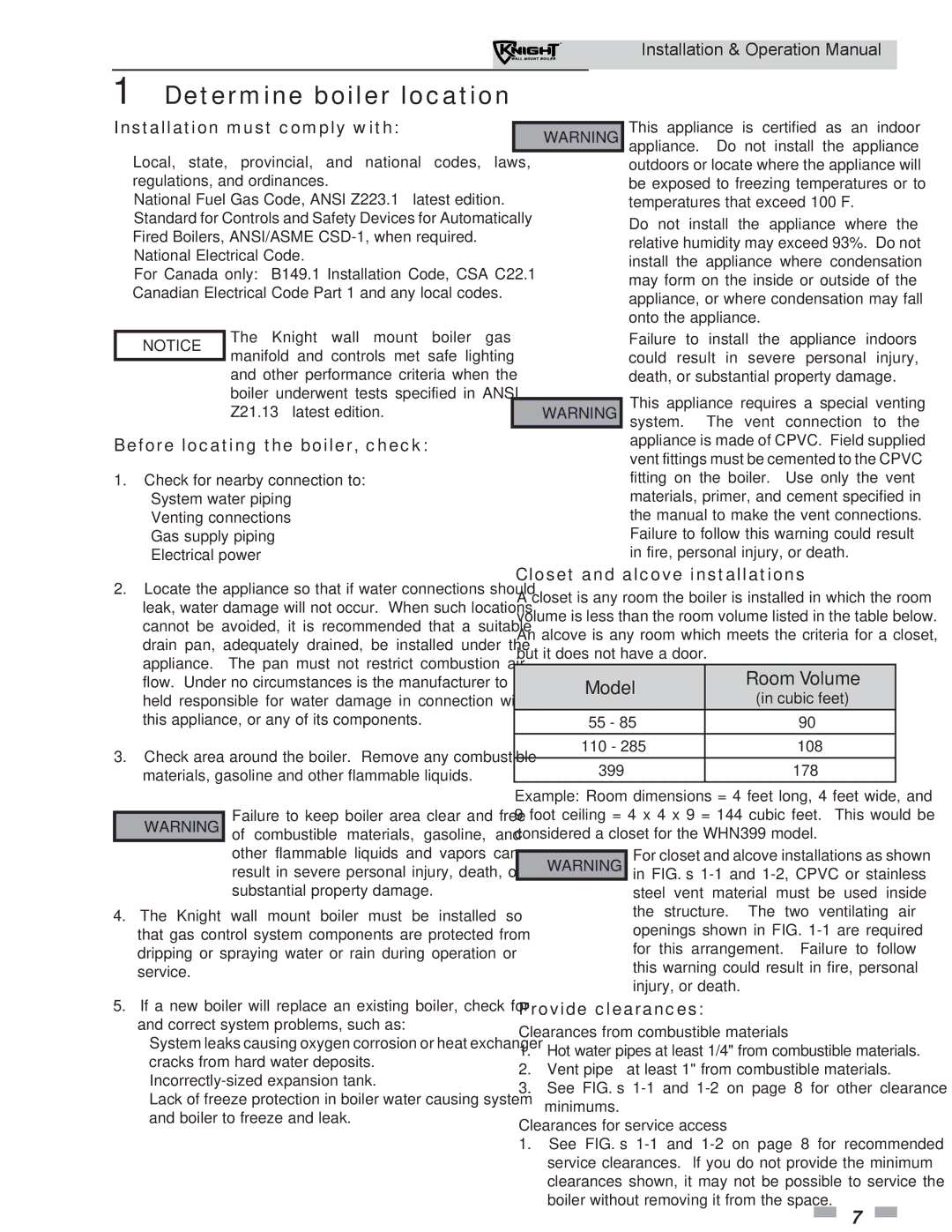 Lochinvar WH 55-399 Determine boiler location, Installation must comply with, Before locating the boiler, check 