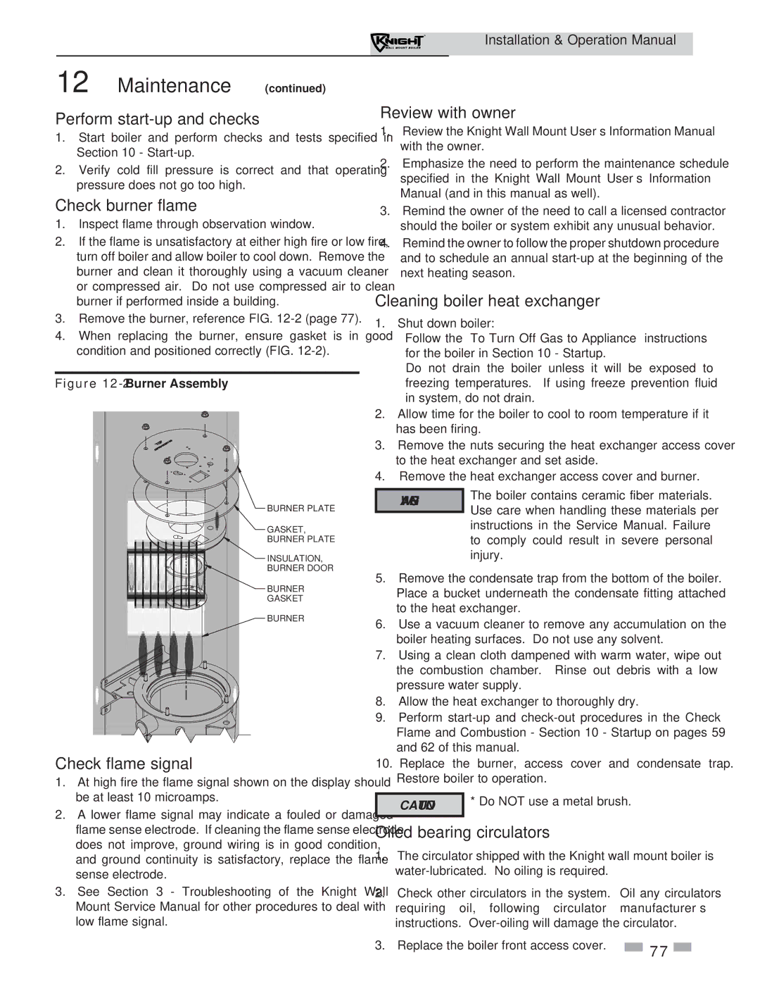 Lochinvar WH 55-399 operation manual Perform start-up and checks, Check burner flame, Check flame signal, Review with owner 