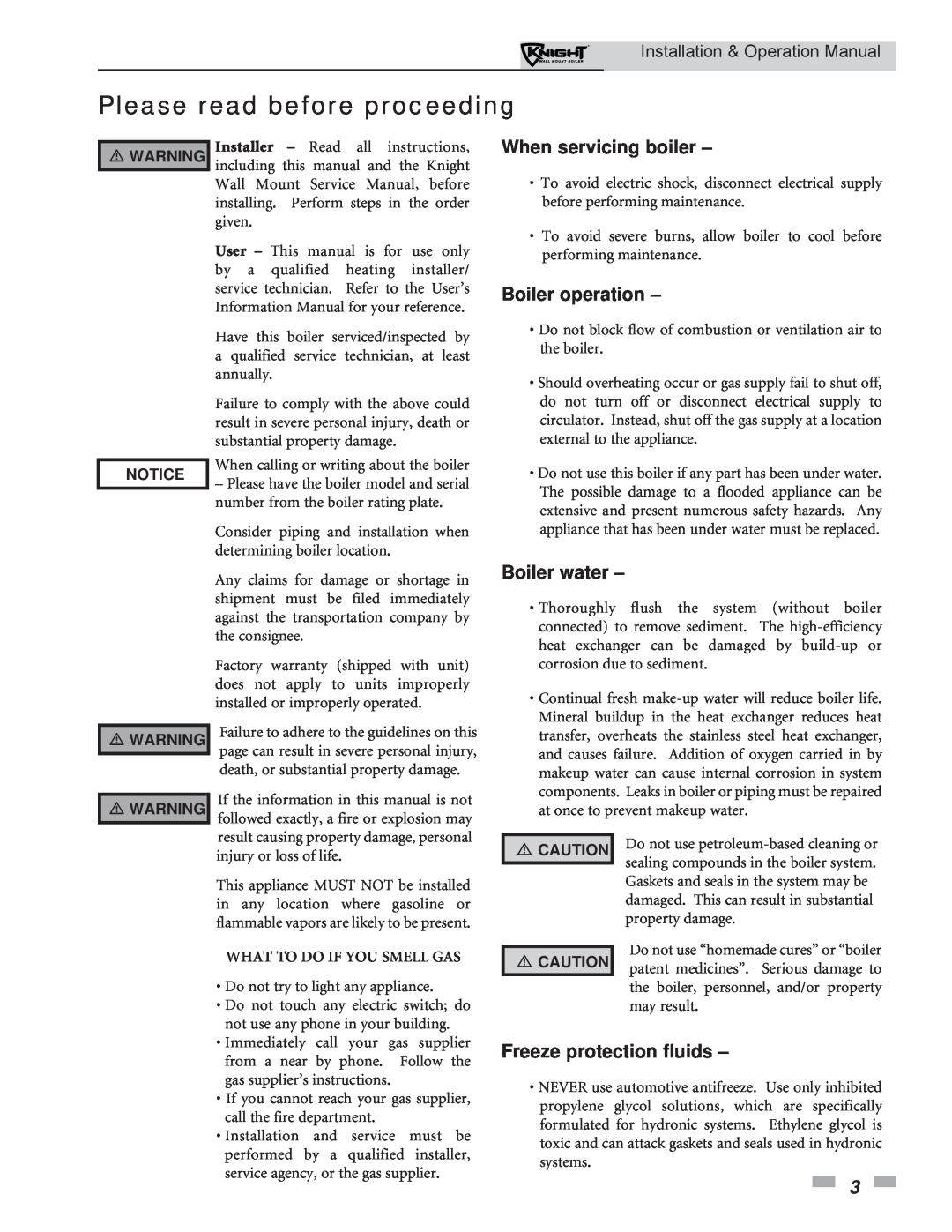 Lochinvar WH 55-399 Please read before proceeding, When servicing boiler, Boiler operation, Boiler water, Notice 