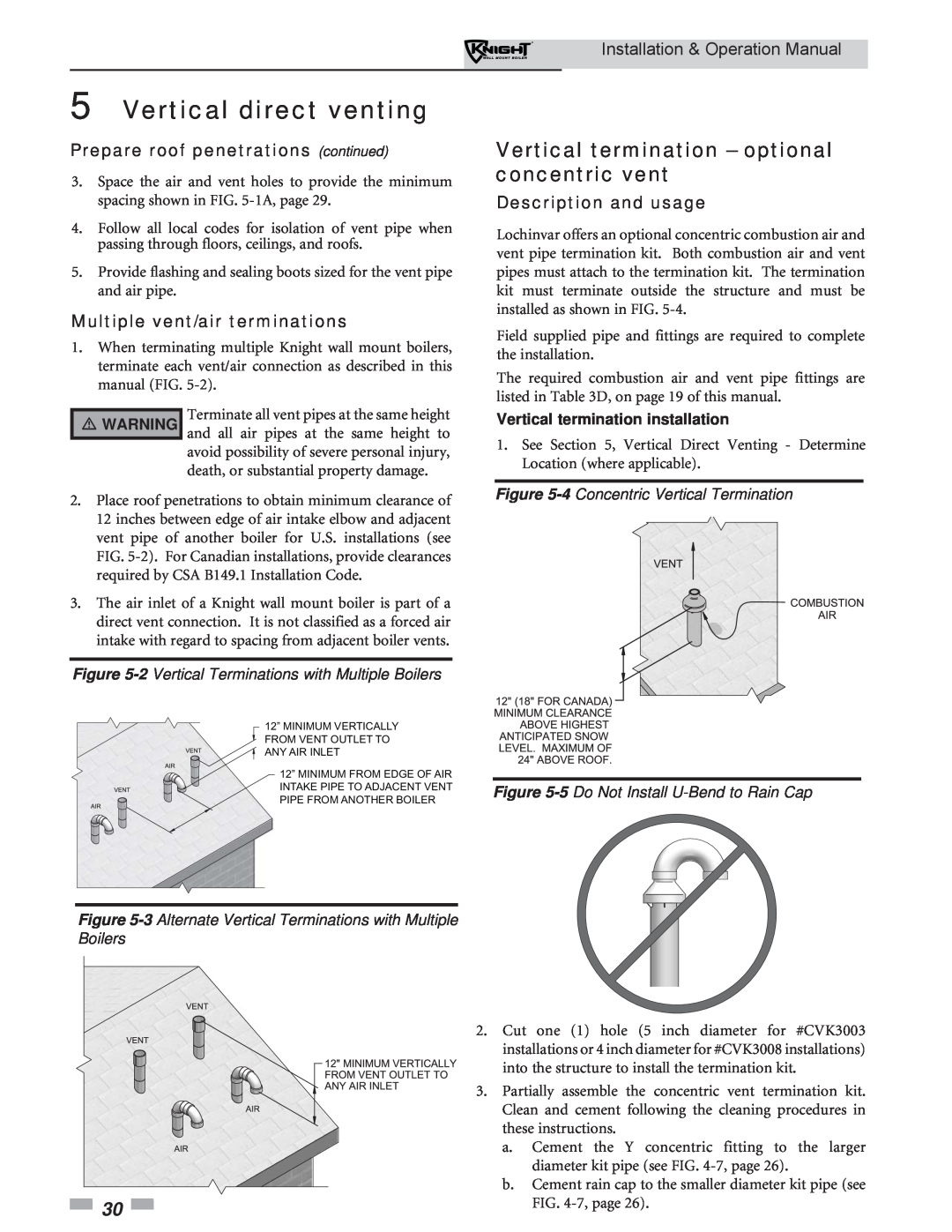 Lochinvar WH 55-399 operation manual Vertical termination – optional concentric vent, Prepare roof penetrations continued 