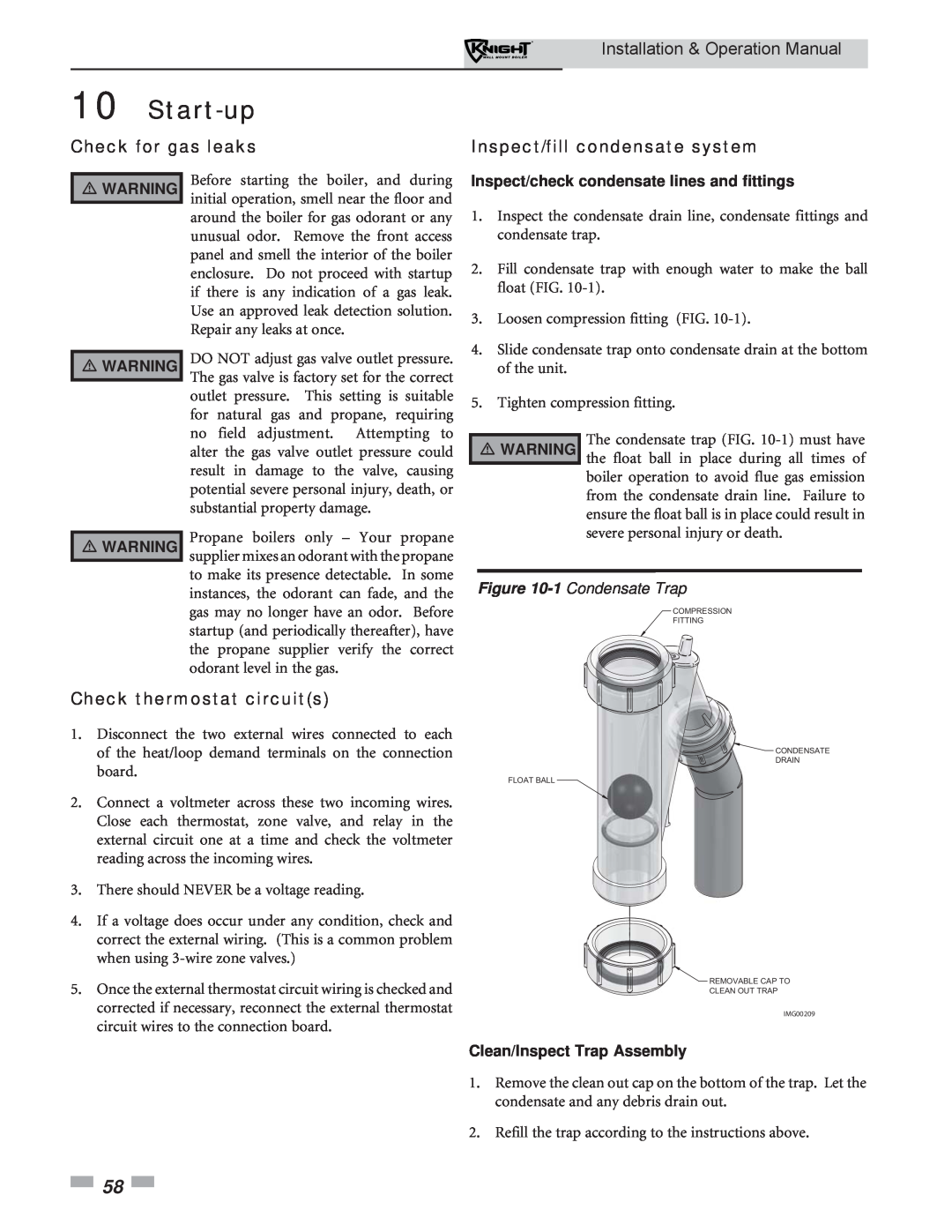 Lochinvar WH 55-399 Check for gas leaks, Inspect/fill condensate system, Check thermostat circuits, 1 Condensate Trap 