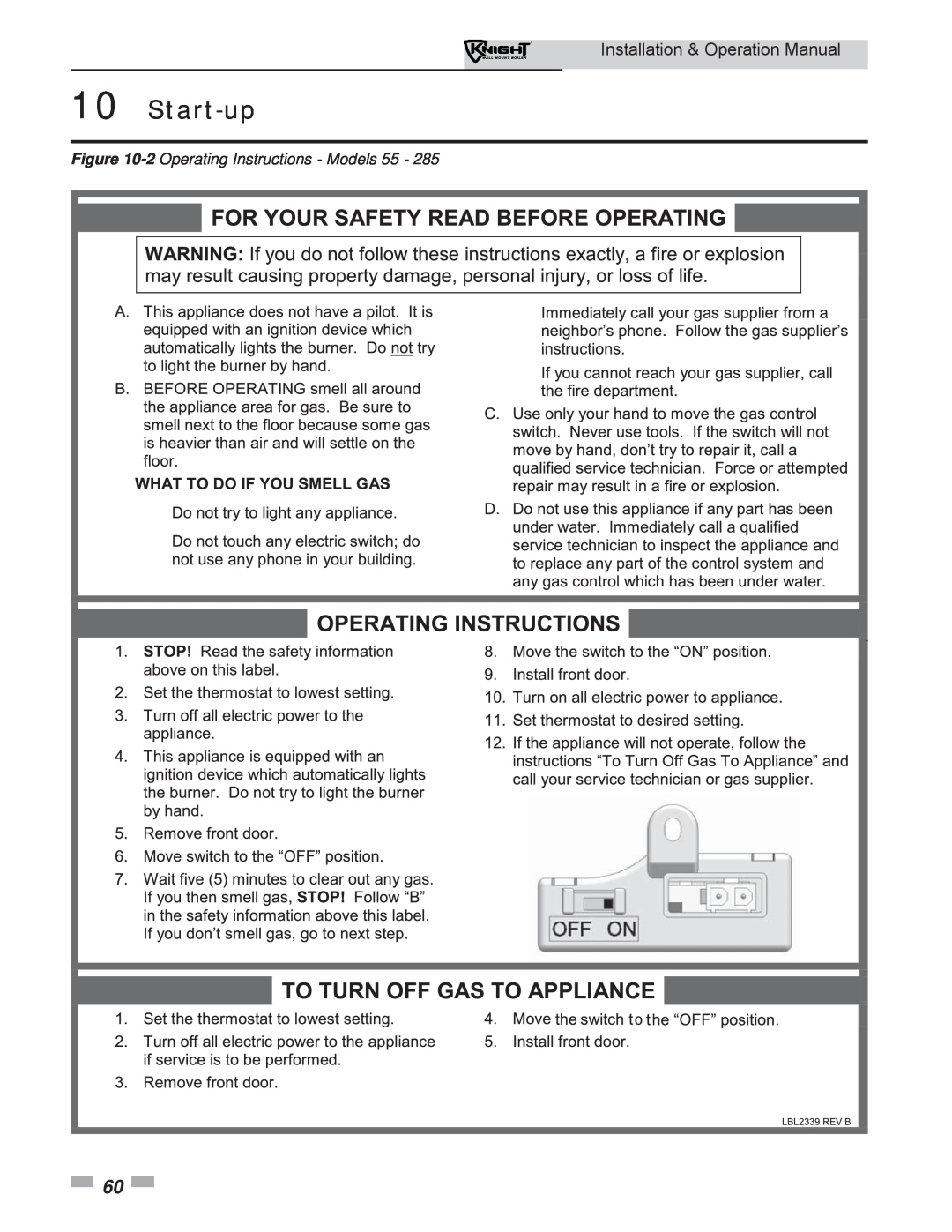 Lochinvar WH 55-399 operation manual 2 Operating Instructions - Models 55, Start-up 