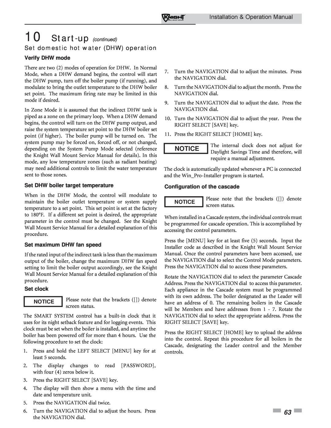 Lochinvar WH 55-399 Notice, Set domestic hot water DHW operation, Verify DHW mode, Set DHW boiler target temperature 