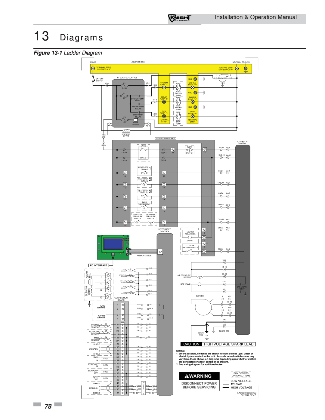 Lochinvar WH 55-399 Diagrams, 1 Ladder Diagram, Installation & Operation Manual, Caution High Voltage Spark Lead, 120 VAC 