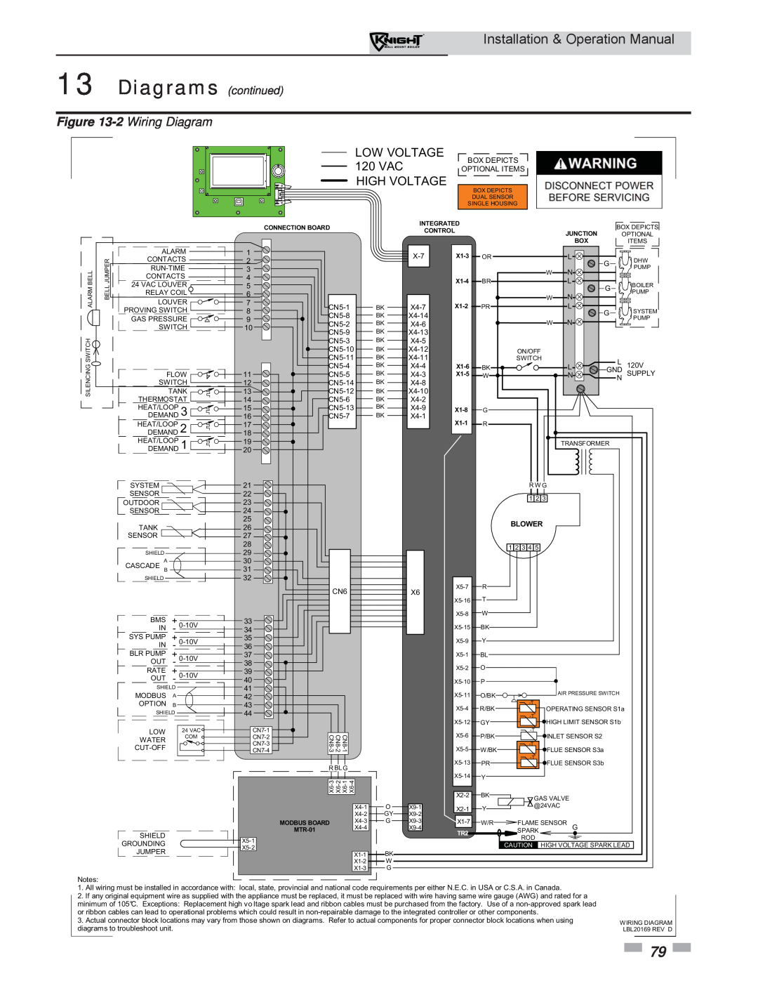 Lochinvar WH 55-399 2 Wiring Diagram, Installation & Operation Manual, LOW VOLTAGE 120 VAC HIGH VOLTAGE, Blower 