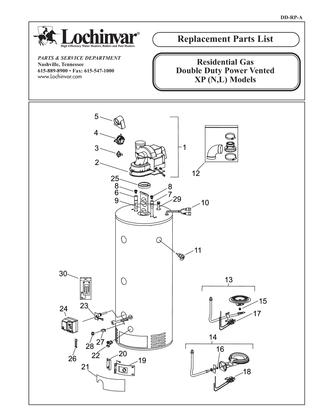 Lochinvar L), XP (N manual Replacement Parts List, Residential Gas Double Duty Power Vented XP N,L Models 