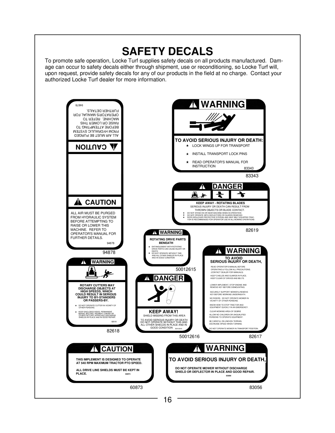 Locke FP-172-C, FP-160-C, FP-148-C manual Safety Decals 