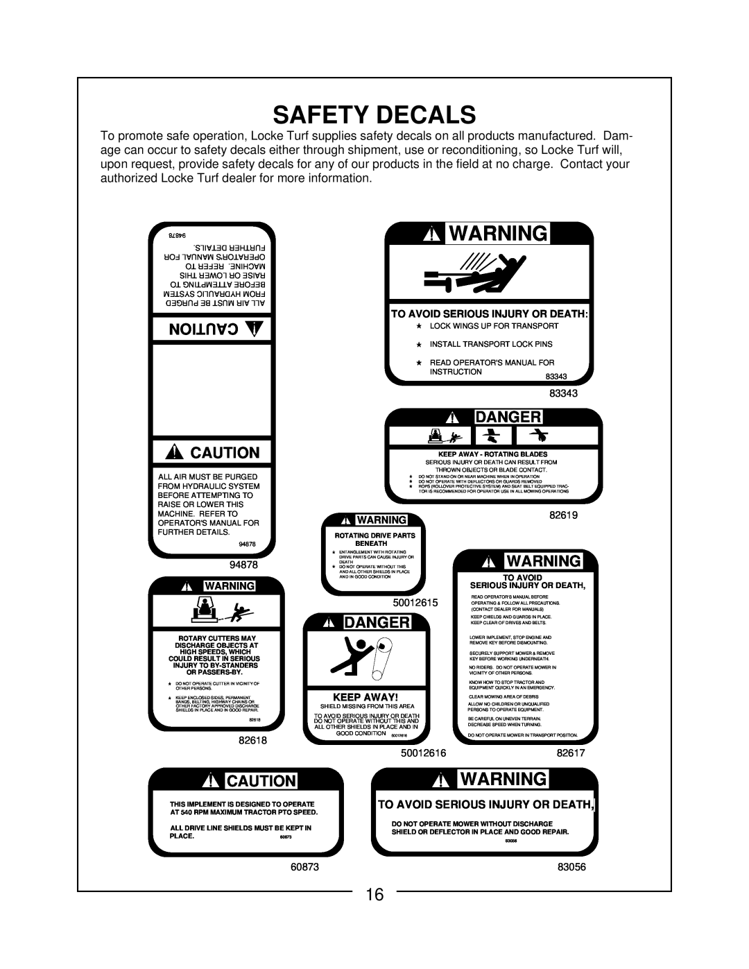 Locke FP-172-C Safety Decals, Danger, To Avoid Serious Injury Or Death, 83343, 94878, 82618, 50012615, 82619, 60873, 83056 