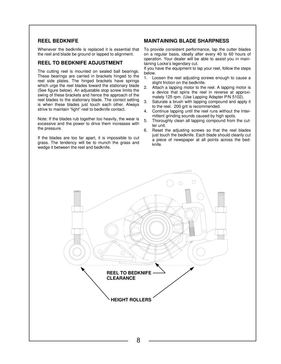 Locke GT-126, GT-122 manual Reel to Bedknife Clearance Height Rollers 