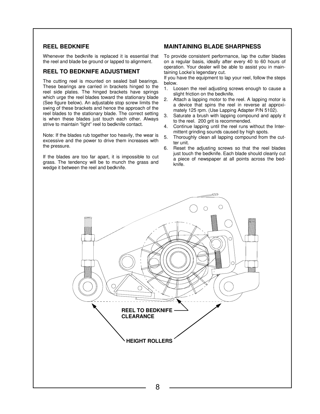 Locke GT-126, GT-122 manual Reel To Bedknife Clearance Height Rollers 