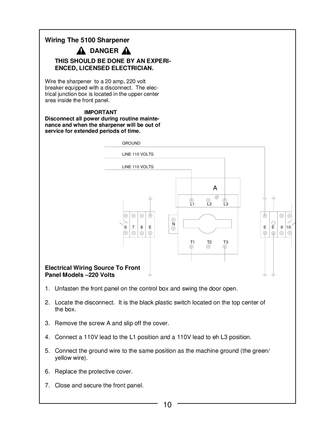 Locke RS-5100 manual Wiring The 5100 Sharpener, Electrical Wiring Source To Front Panel Models -220 Volts 