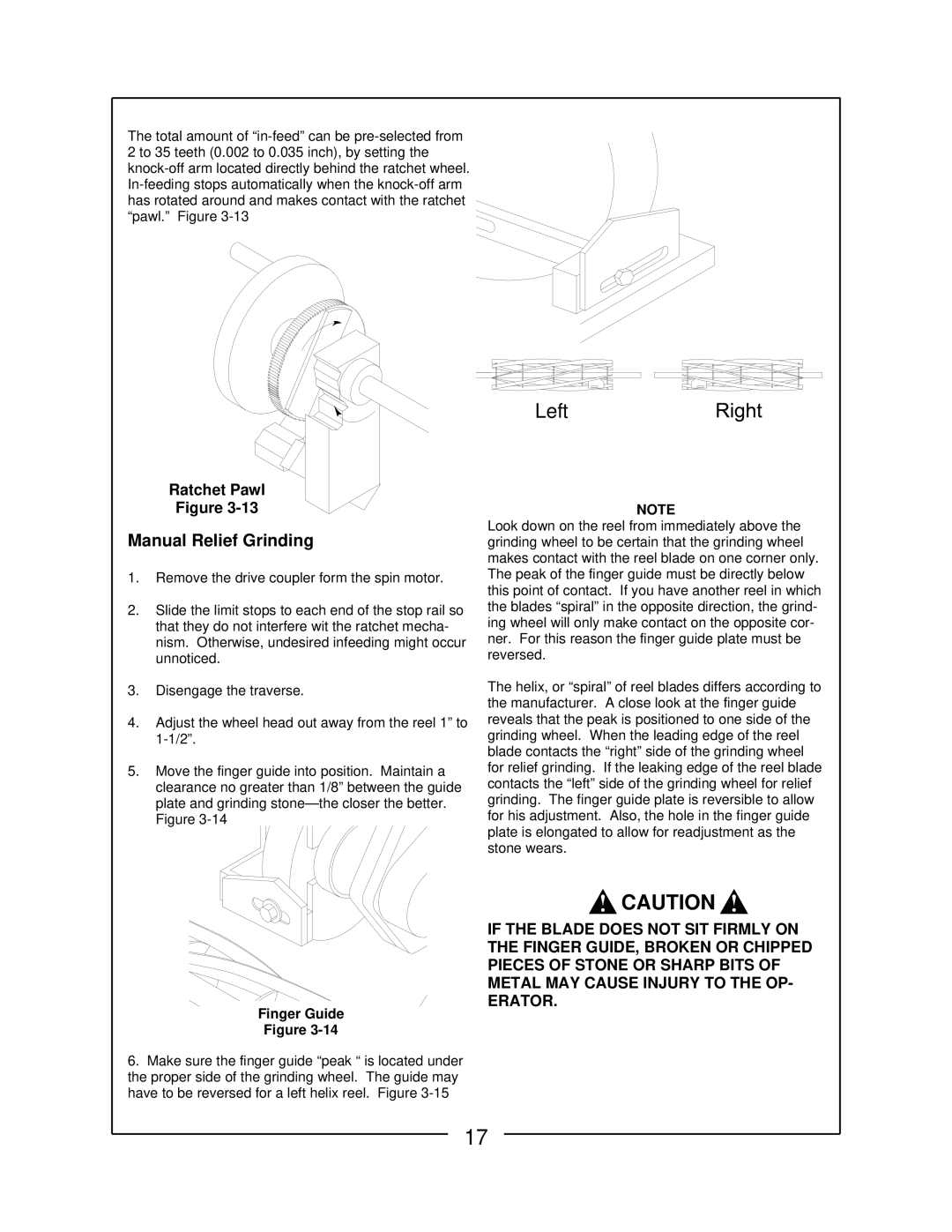 Locke RS-5100 manual Manual Relief Grinding, Ratchet Pawl, Finger Guide 