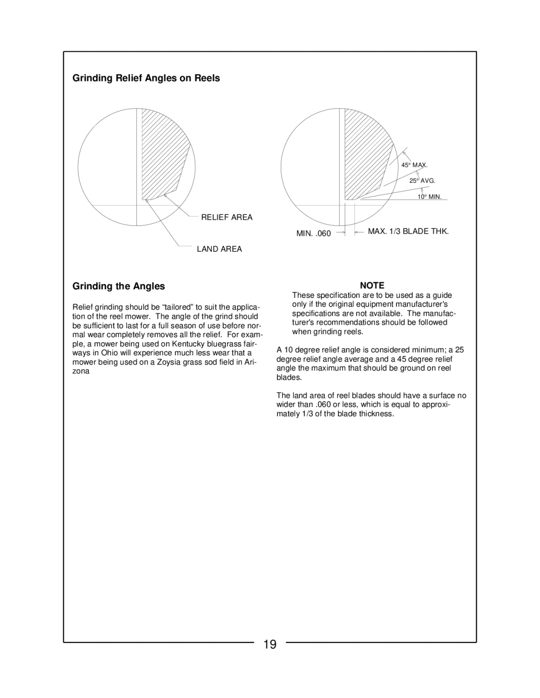 Locke RS-5100 manual Grinding Relief Angles on Reels, Grinding the Angles 