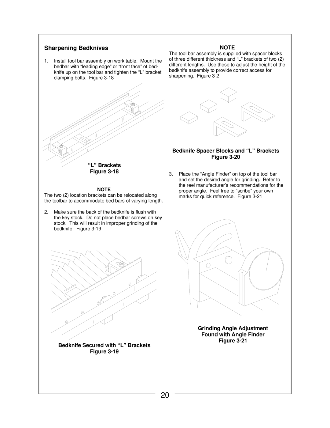 Locke RS-5100 manual Sharpening Bedknives, Bedknife Secured with L Brackets, Bedknife Spacer Blocks and L Brackets 