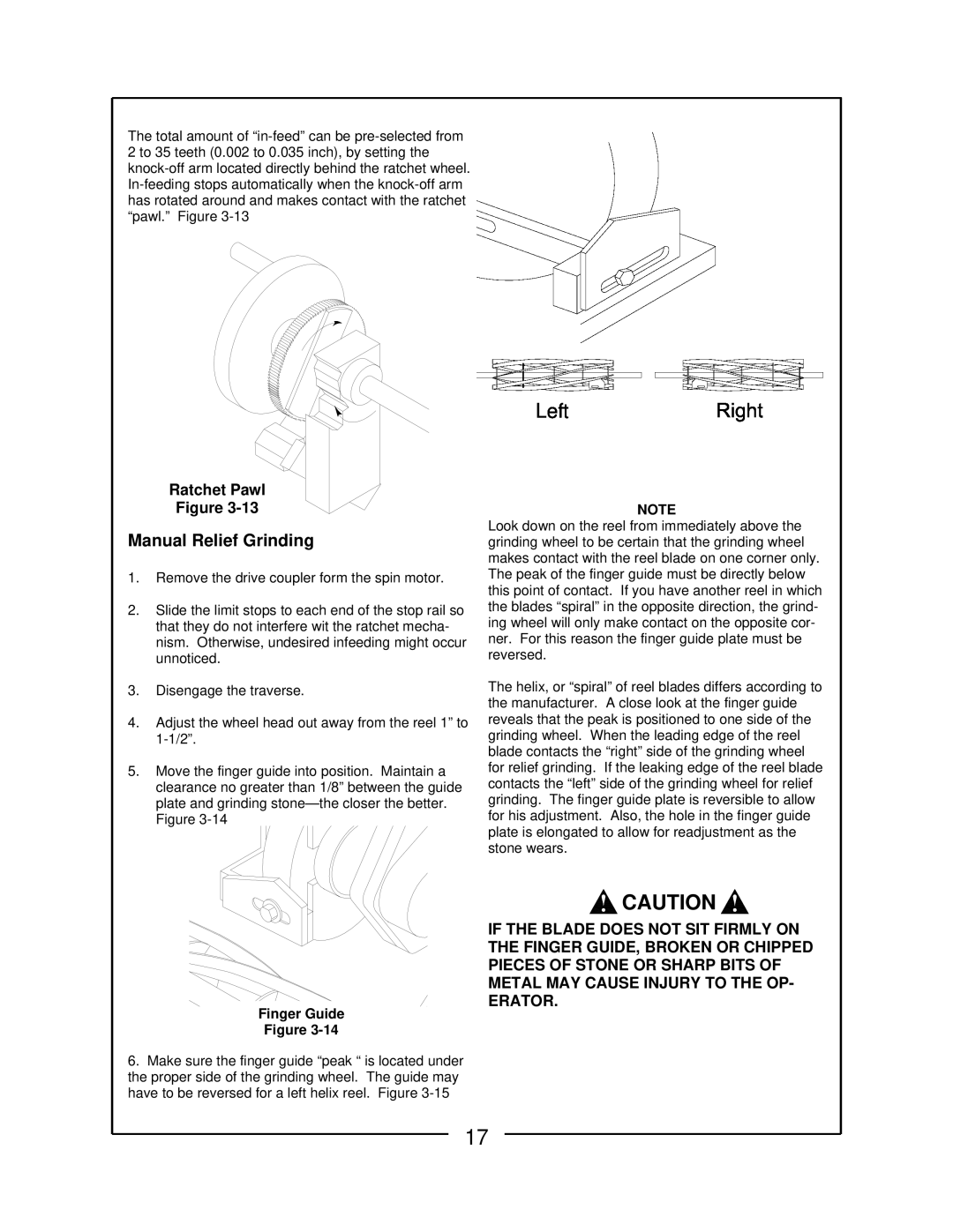 Locke RS-5100 manual Manual Relief Grinding, Left, Ratchet Pawl, Finger Guide 
