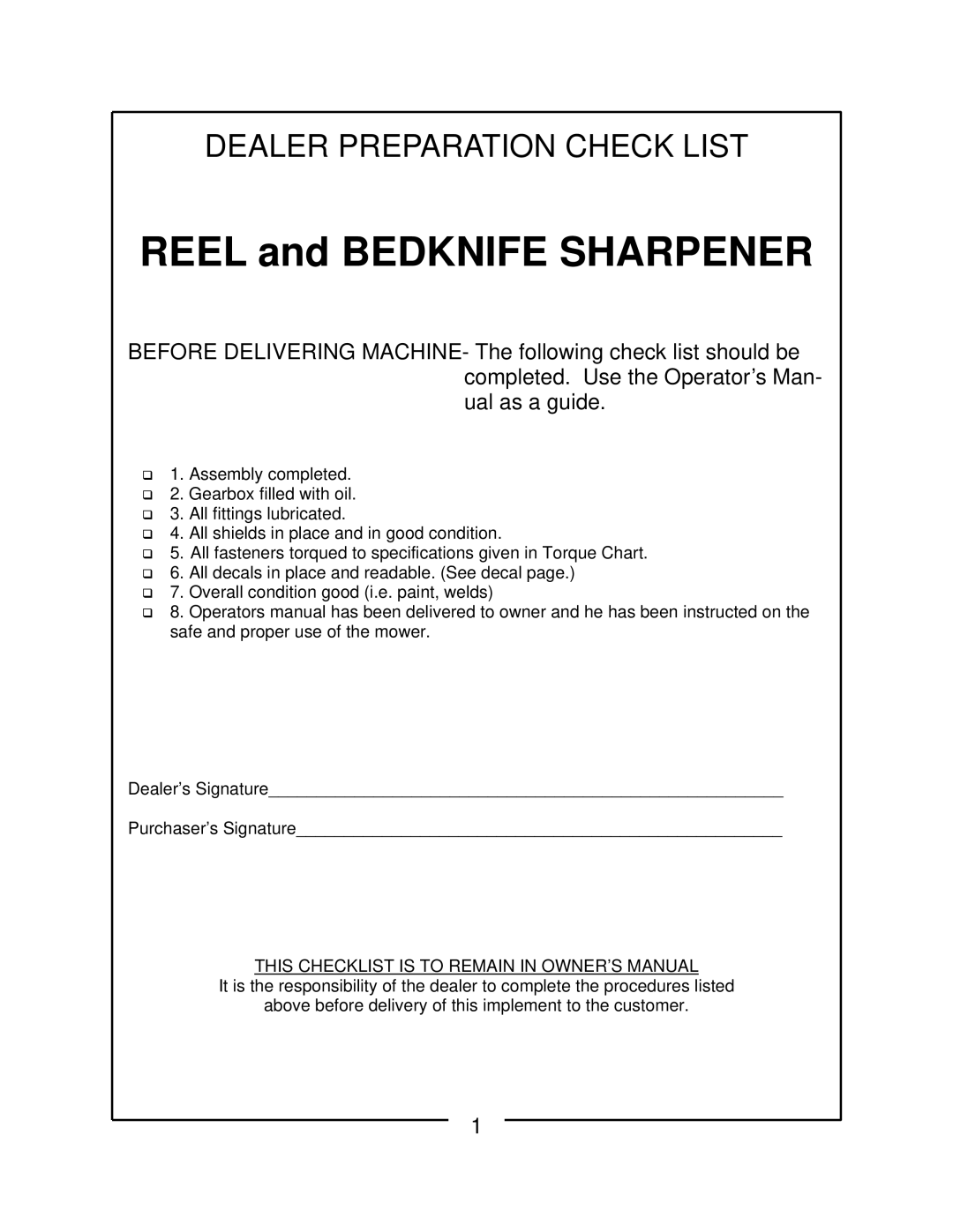 Locke RS-5100 manual REEL and BEDKNIFE SHARPENER, Dealer Preparation Check List 