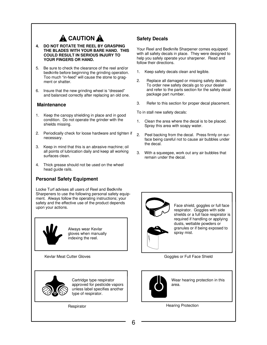 Locke RS-5100 manual Maintenance, Safety Decals, Personal Safety Equipment 