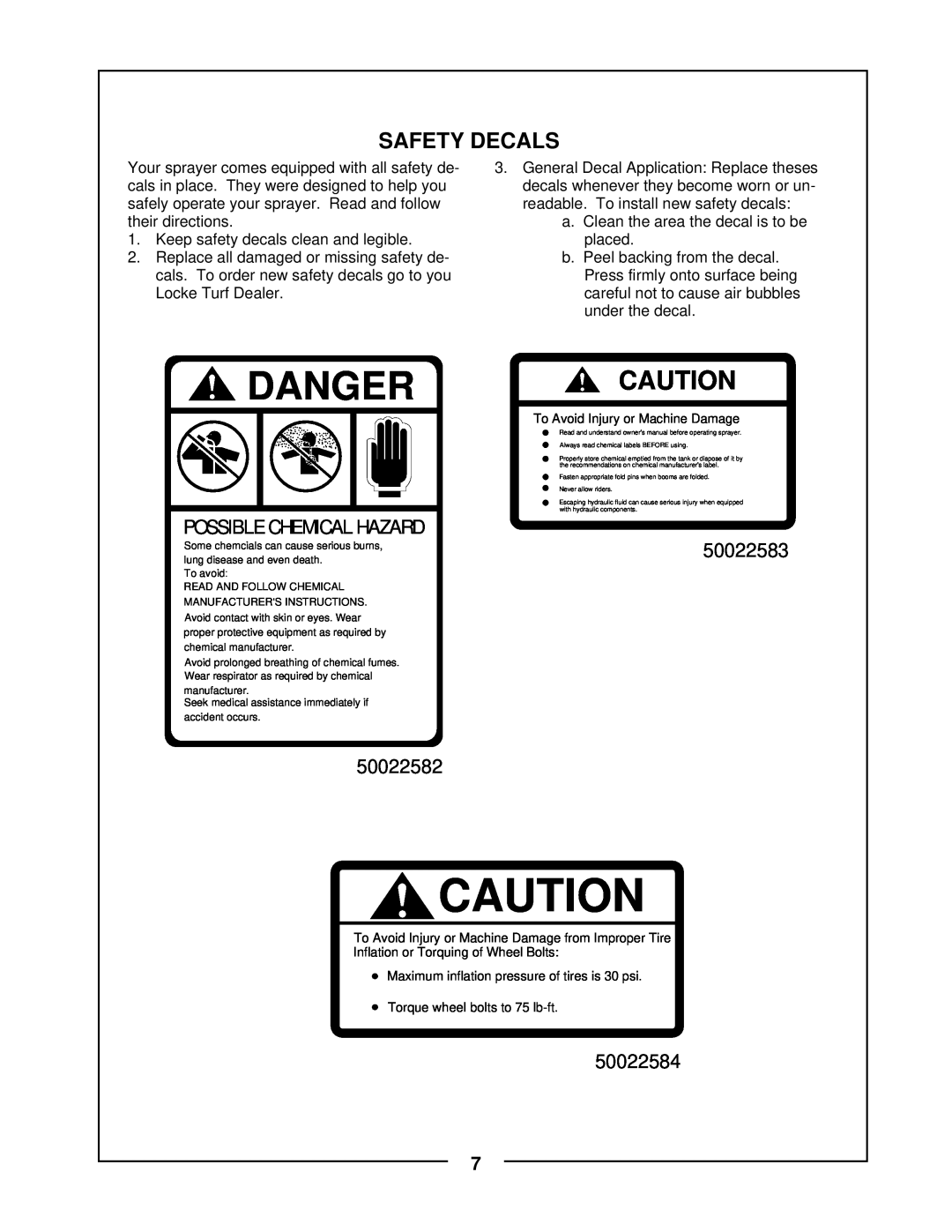 Locke TR-30 manual Safety Decals, Danger, Possible Chemical Hazard, 50022582, 50022583, 50022584 