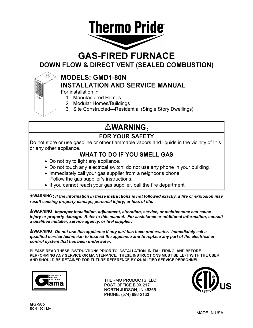 Lodge Manufacturing GMD1-80N manual GAS-FIRED Furnace 