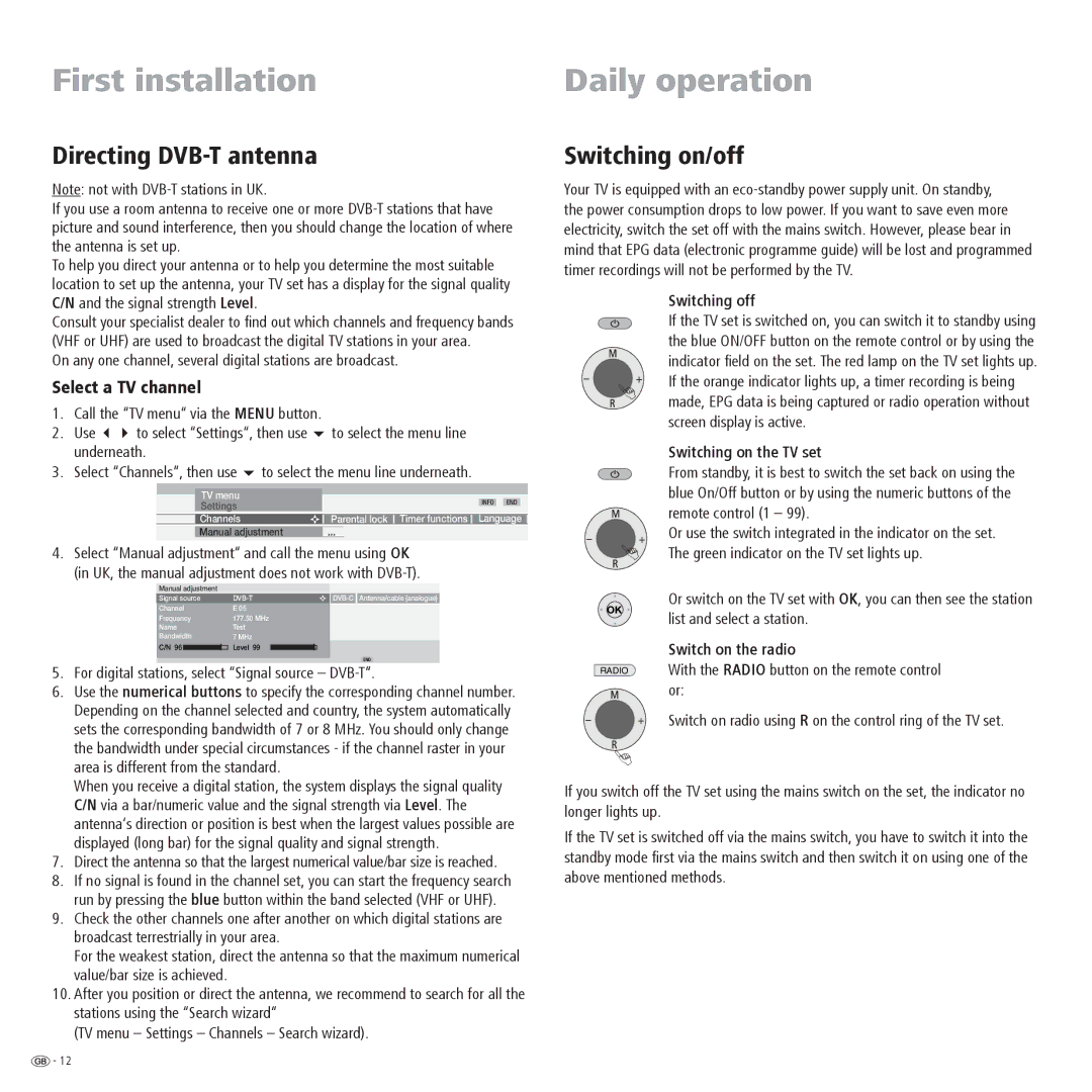 Loewe 23332507.020 First installation Daily operation, Directing DVB-T antenna, Switching on/off, Select a TV channel 