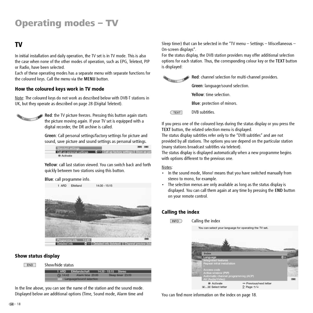 Loewe 23332507.020 manual Operating modes TV, How the coloured keys work in TV mode, Show status display, Calling the index 