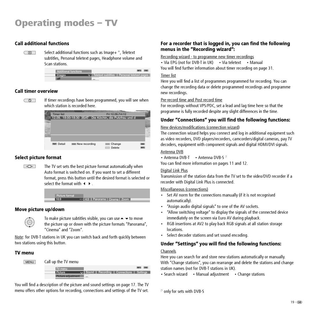 Loewe 23332507.020 manual Call additional functions, Call timer overview, Select picture format, TV menu 