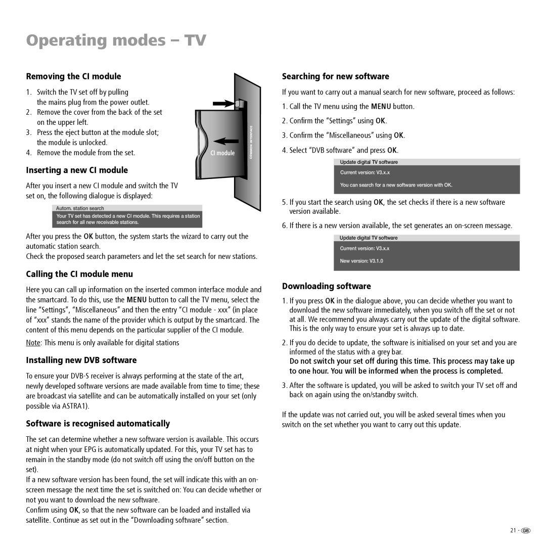 Loewe 23332507.020 Removing the CI module, Inserting a new CI module, Calling the CI module menu, Downloading software 