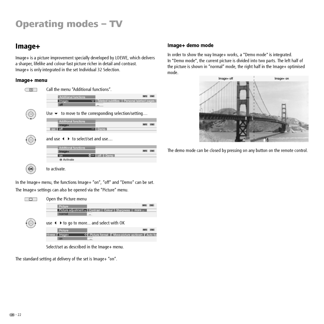 Loewe 23332507.020 manual Image+ menu, Image+ demo mode 