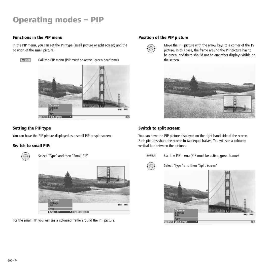 Loewe 23332507.020 manual Functions in the PIP menu, Position of the PIP picture, Setting the PIP type, Switch to small PIP 