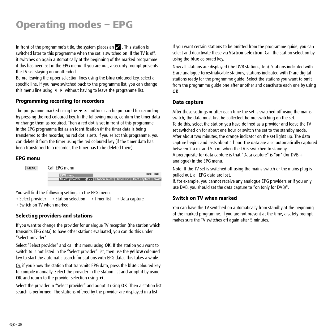 Loewe 23332507.020 manual Programming recording for recorders, EPG menu, Selecting providers and stations, Data capture 