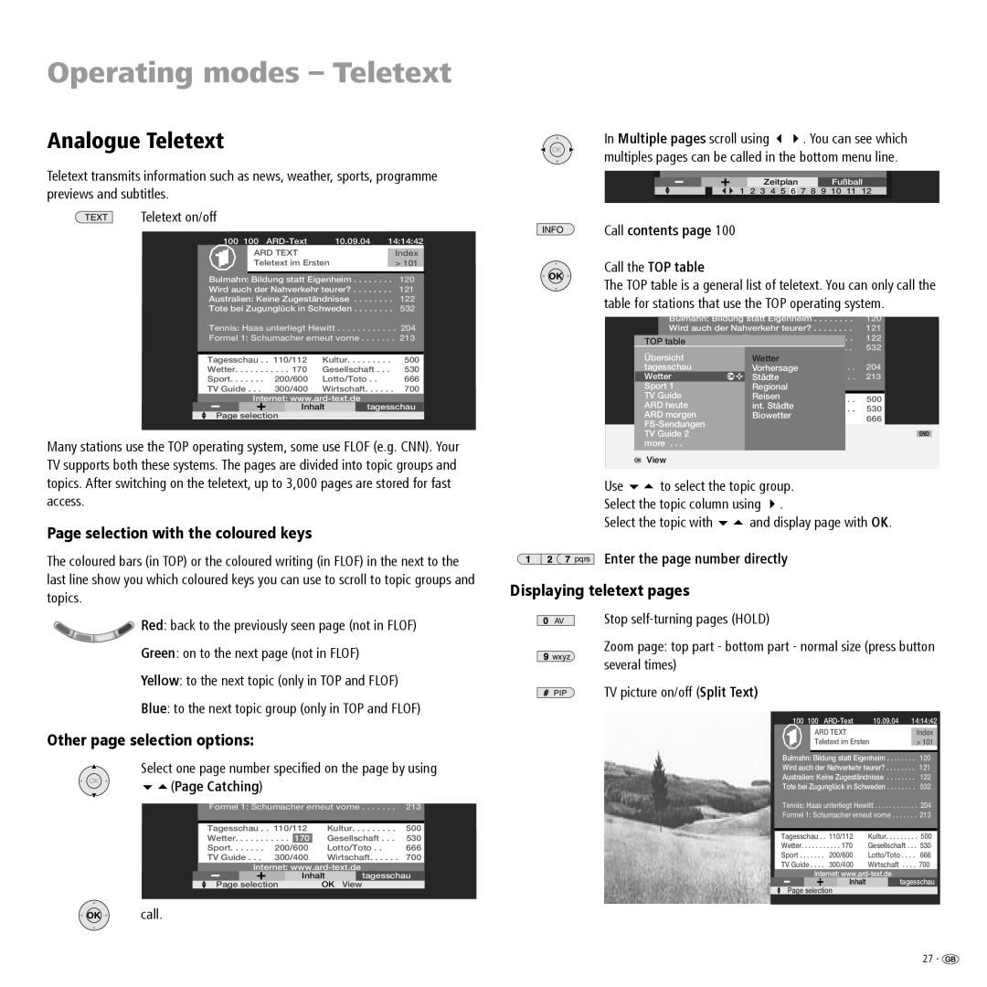 Loewe 23332507.020 manual Operating modes Teletext, Analogue Teletext, Selection with the coloured keys 