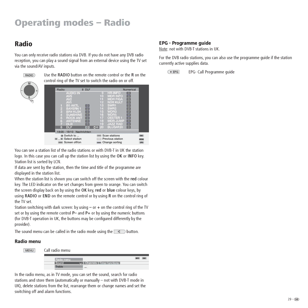 Loewe 23332507.020 manual Operating modes Radio, Radio menu, EPG Programme guide, Call radio menu 