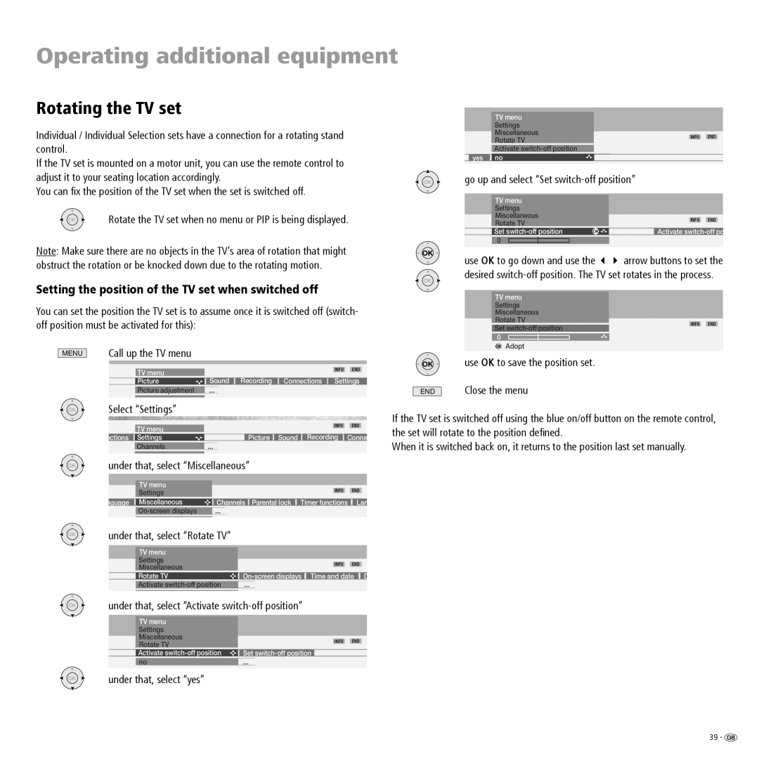 Loewe 23332507.020 manual Rotating the TV set, Setting the position of the TV set when switched off, Select Settings 