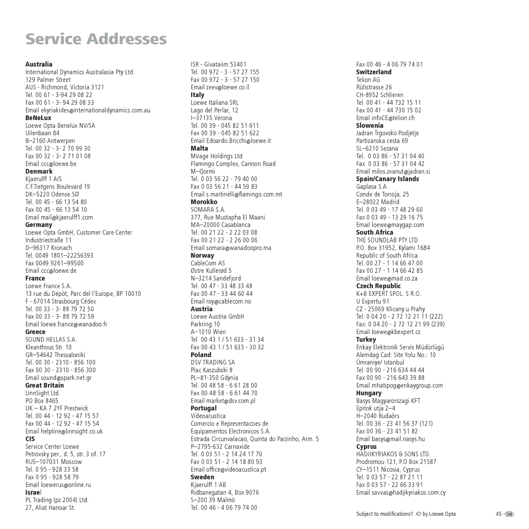 Loewe 23332507.020 manual Service Addresses, Switzerland 