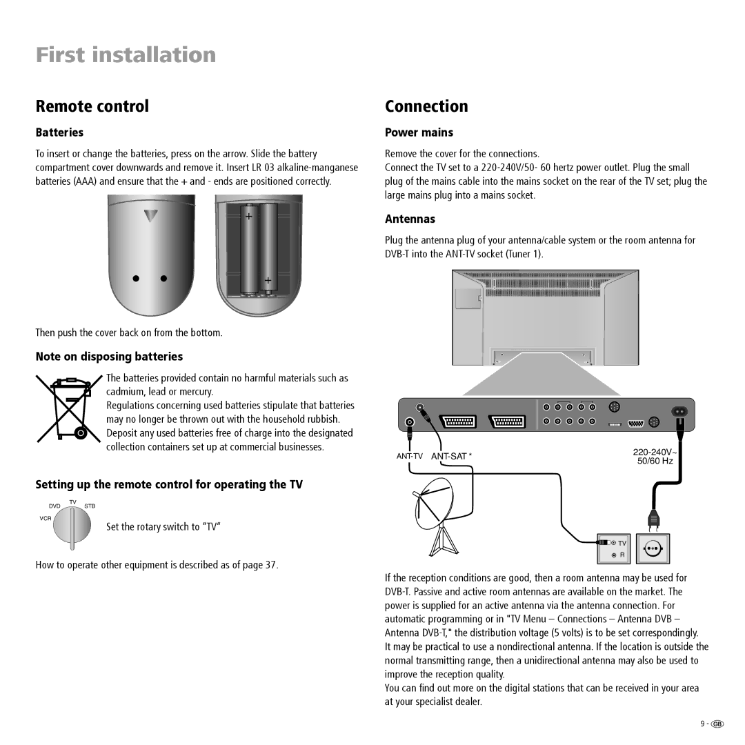 Loewe 23332507.020 manual First installation, Remote control, Connection 