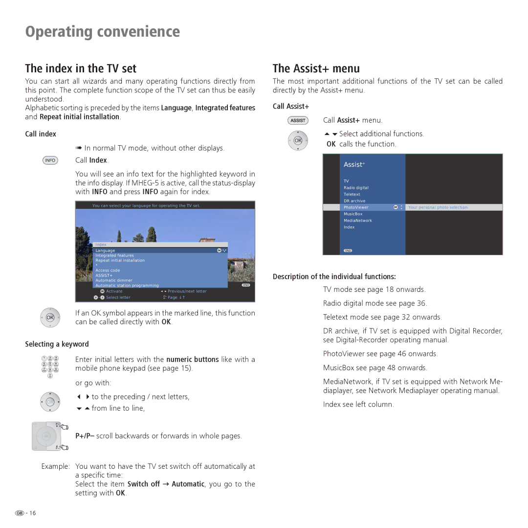 Loewe 42, 32, 37 operating instructions Index in the TV set, Assist+ menu 