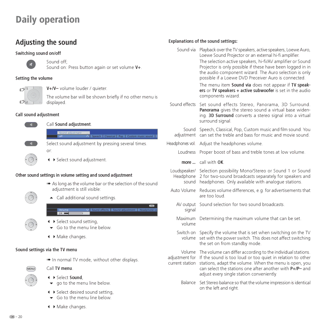 Loewe 37, 32, 42 operating instructions Adjusting the sound 