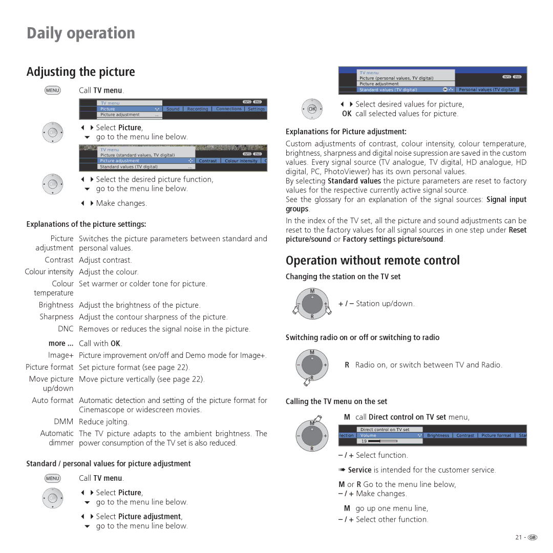 Loewe 32, 42, 37 operating instructions Adjusting the picture, Operation without remote control 