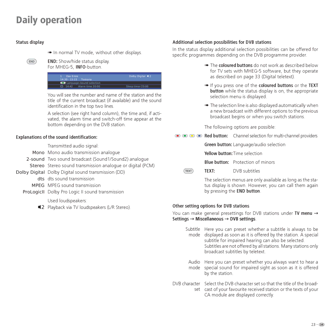 Loewe 37, 32 Status display, Explanations of the sound identification, Additional selection possibilities for DVB stations 