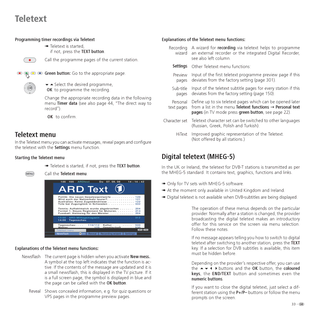 Loewe 32, 42, 37 operating instructions Teletext menu, Digital teletext MHEG-5 